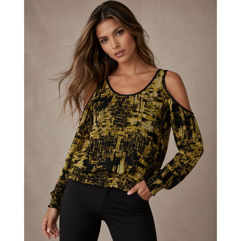 Bebe 100% Silk Cold Shoulder Blouse Women’s M Black Gold Abstract Print Y2K